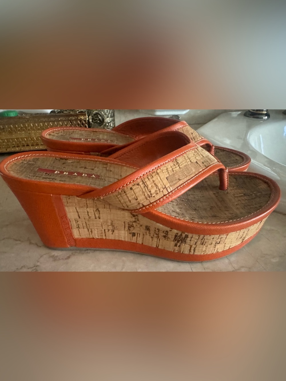 Prada Orange Cork Wedge Thong Sandals - Women's